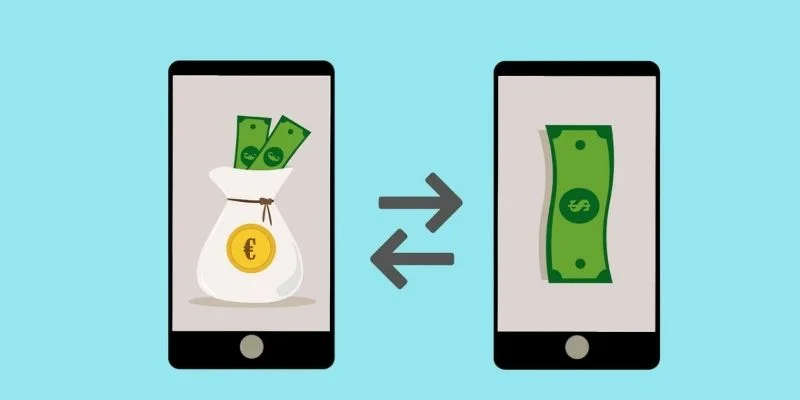Hình minh họa hai điện thoại chuyển tiền qua lại tượng trưng nạp rút nhanh tại 8xbet