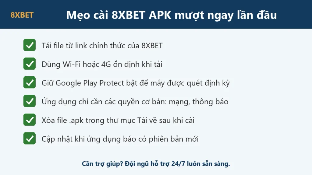 Danh sách 6 mẹo cài 8xbet APK mượt ngay lần đầu