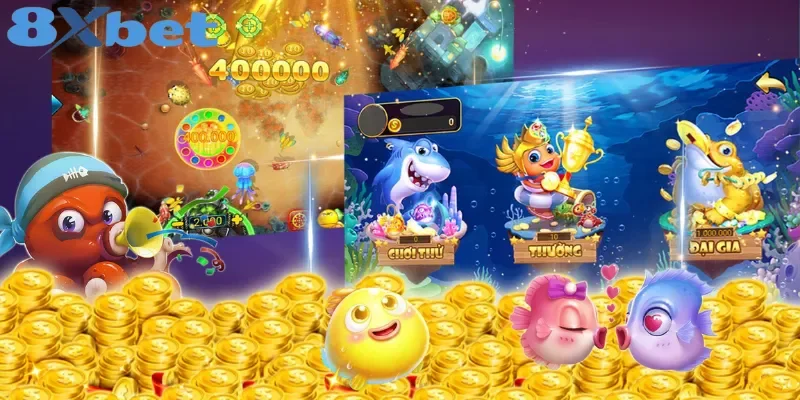 Màn hình chọn phòng bắn cá với ba lựa chọn Chơi thử, Thường và Đại gia, logo 8Xbet