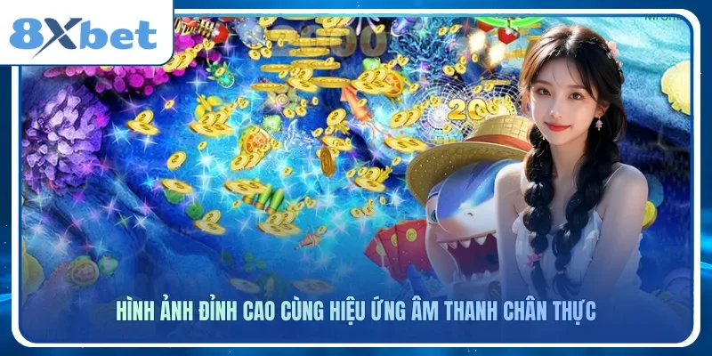 Màn chơi bắn cá đầy xu vàng và san hô tím, người mẫu đội mũ cói đứng cạnh, logo 8Xbet