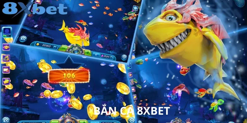 Ghép nhiều màn chơi 8xbet bắn cá đổi thưởng dưới biển sâu với cá rồng vàng lớn, xu vàng và thanh điều khiển súng, kèm logo 8Xbet.
