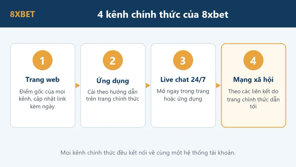 Đồ họa 4 kênh chính thức của 8xbet: trang web, ứng dụng, live chat 24/7 và mạng xã hội do trang chính thức dẫn tới