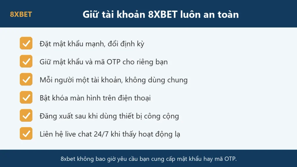 Sáu thói quen giữ tài khoản 8xbet luôn an toàn: mật khẩu mạnh, giữ OTP, mỗi người một tài khoản, khóa màn hình, đăng xuất, live chat