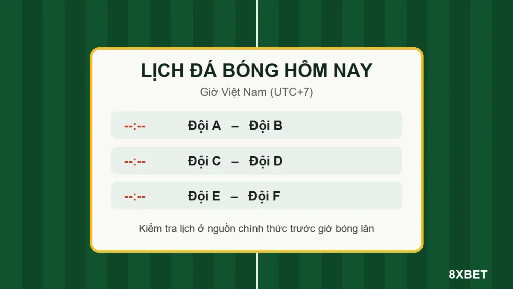 Bảng lịch 8xbet đá bóng hôm nay theo giờ Việt Nam với các dòng Đội A – Đội B trên nền sân cỏ, chữ 8XBET.