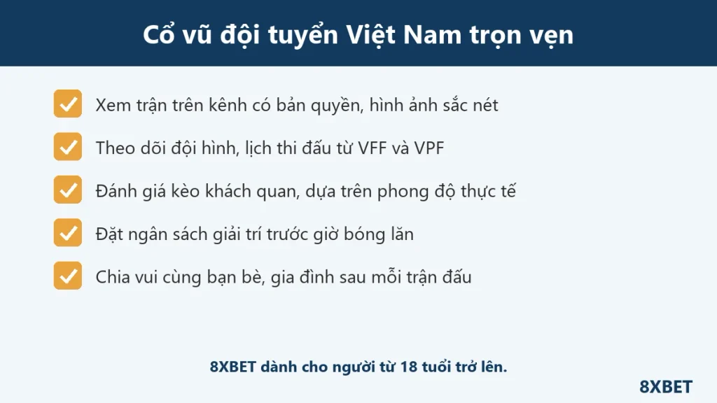 Checklist năm việc để cổ vũ đội tuyển Việt Nam trọn vẹn, chữ 8XBET