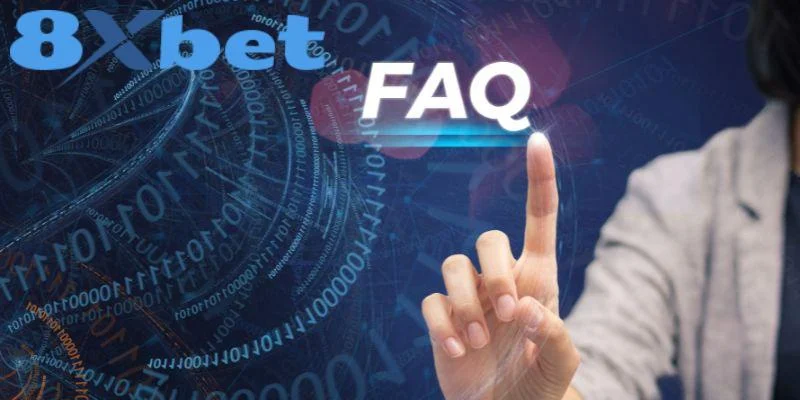 Ngón tay chạm vào chữ FAQ kèm logo 8XBET minh họa câu hỏi thường gặp khi đăng nhập