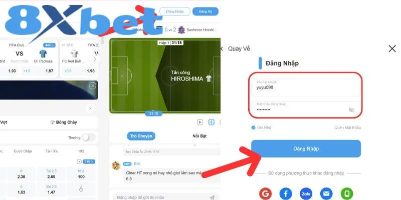 Màn hình đăng nhập 8xbet trên máy tính với ô tên tài khoản, mật khẩu và nút Đăng Nhập được đánh dấu