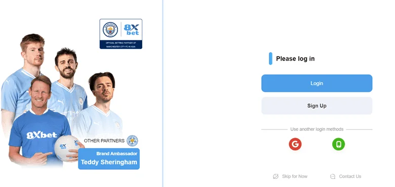 Màn hình Please log in của ứng dụng 8xbet với nút Login, Sign Up và đăng nhập bằng Google hoặc số điện thoại