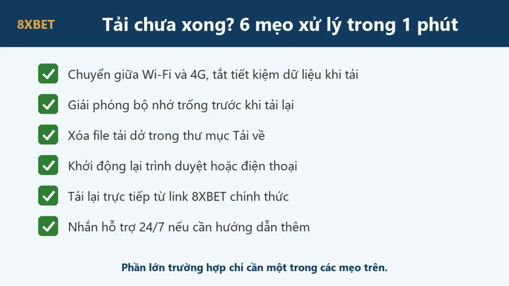 Sáu mẹo xử lý khi tải app 8xbet chưa xong: đổi mạng, giải phóng bộ nhớ, xóa file tải dở, khởi động lại, tải lại từ link chính thức, nhắn hỗ trợ
