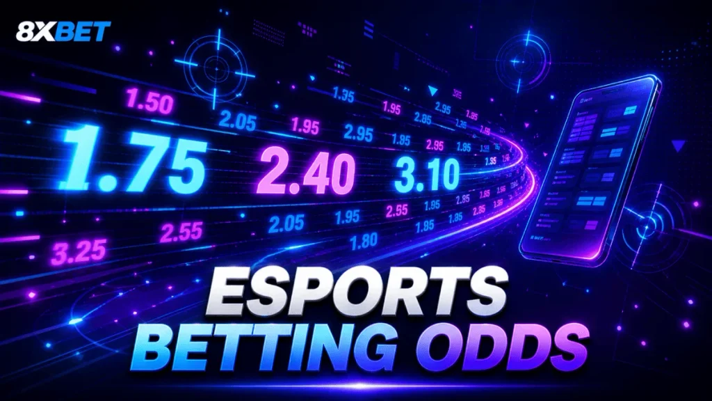 Ảnh minh họa tỷ lệ kèo esports với các con số kiểu thập phân bay quanh điện thoại và chữ Esports Betting Odds