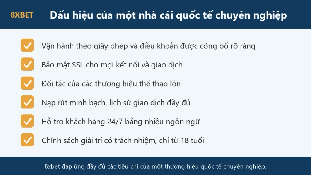 Sáu dấu hiệu của một nhà cái quốc tế chuyên nghiệp mà 8xbet đáp ứng