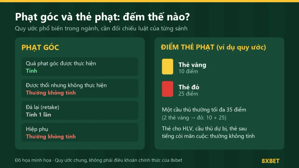 Bảng quy ước đếm phạt góc và điểm thẻ phạt: thẻ vàng 10 điểm, thẻ đỏ 25 điểm, tối đa 35 điểm mỗi cầu thủ