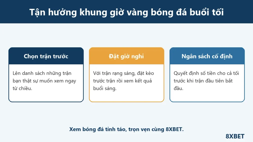 Ba bí quyết tận hưởng khung giờ vàng bóng đá buổi tối: chọn trận trước, đặt giờ nghỉ, ngân sách cố định