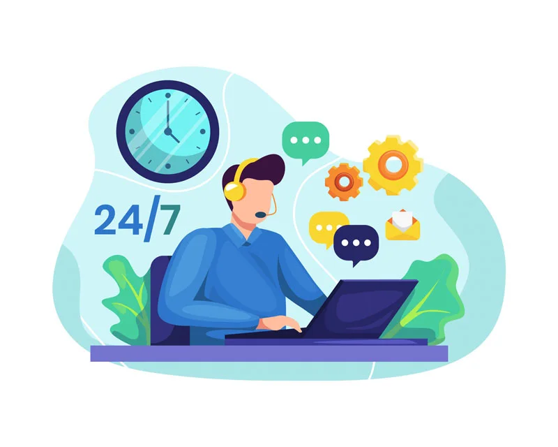 Hình minh họa nhân viên hỗ trợ 8xbet đeo tai nghe làm việc trên máy tính với biểu tượng 24/7