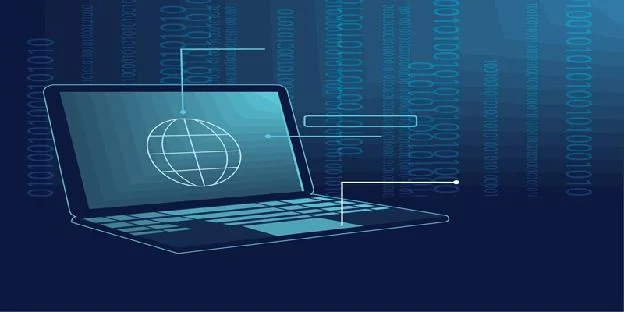 Minh họa máy tính xách tay kết nối mạng toàn cầu trên nền mã nhị phân xanh, giới thiệu 8xbet-la-gi và nền tảng giải trí trực tuyến 8XBET.