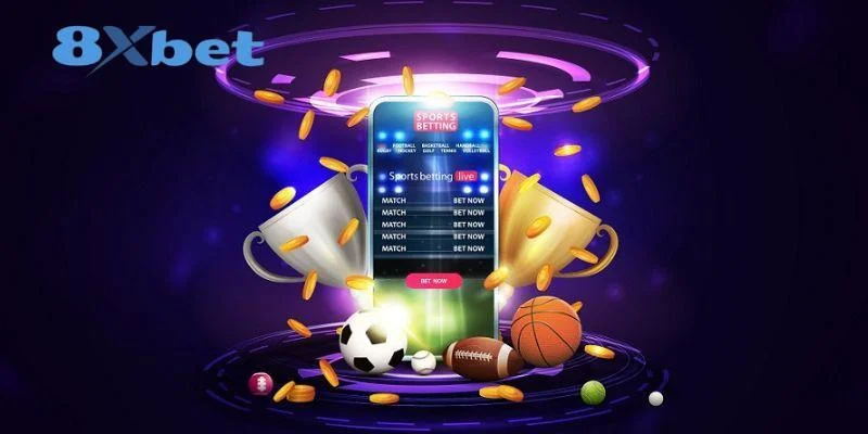 Điện thoại hiển thị giao diện cá cược thể thao với 8xbet link giữa cúp, bóng và đồng xu, logo 8XBET ở góc trái.