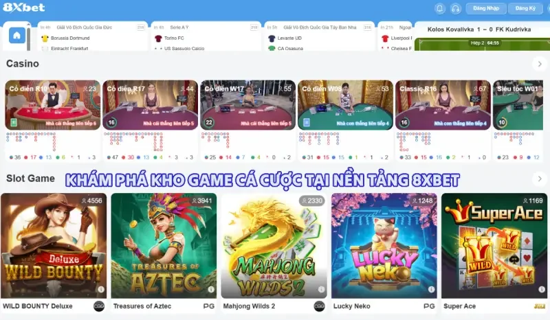 Ảnh chụp trang chủ 8xbet với hàng Casino và hàng Slot Game gồm các ô trò chơi như Treasures of Aztec, Lucky Neko, Super Ace