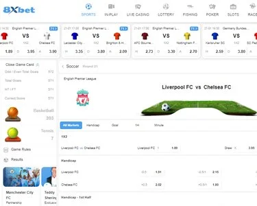 Giao diện web 8xbet với menu Sports, In-play, Live Casino, Lottery, Fishing, Poker, Slots và bảng kèo bóng đá