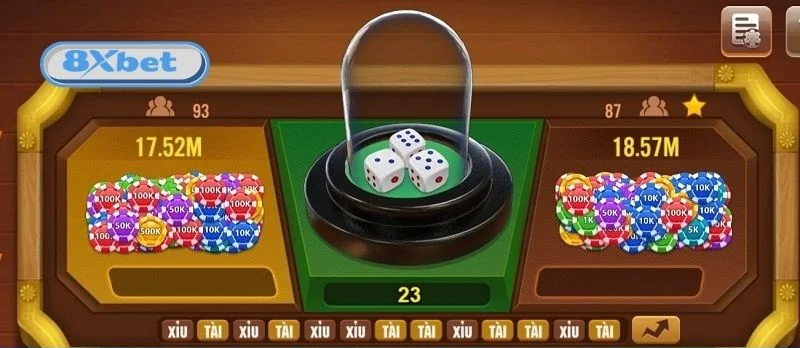 Giao diện game tài xỉu kiểu Việt với bát úp ba xúc xắc ở giữa, hai ô cược hai bên và dãy kết quả Tài Xỉu