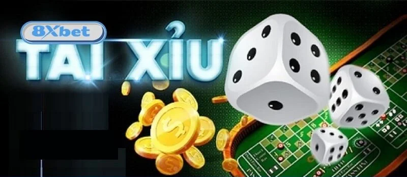Chữ Tài Xỉu phát sáng cùng ba viên xúc xắc trắng, đồng xu vàng và logo 8XBET, minh họa trò chơi 8xbet tài xỉu.