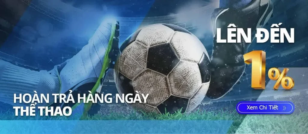 Banner khuyến mãi hoàn trả thể thao hằng ngày với quả bóng đá và nút Xem Chi Tiết trên khu vực banner trang chủ 8xbet