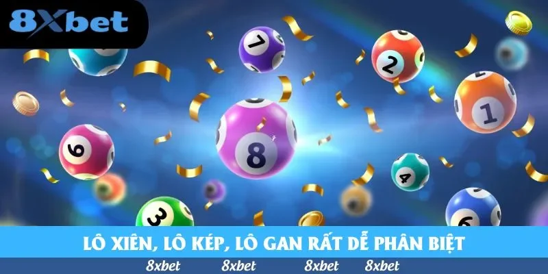 Các quả bóng xổ số đánh số 1, 2, 7, 8 bay giữa pháo giấy vàng trên nền xanh, logo 8Xbet ở góc trái