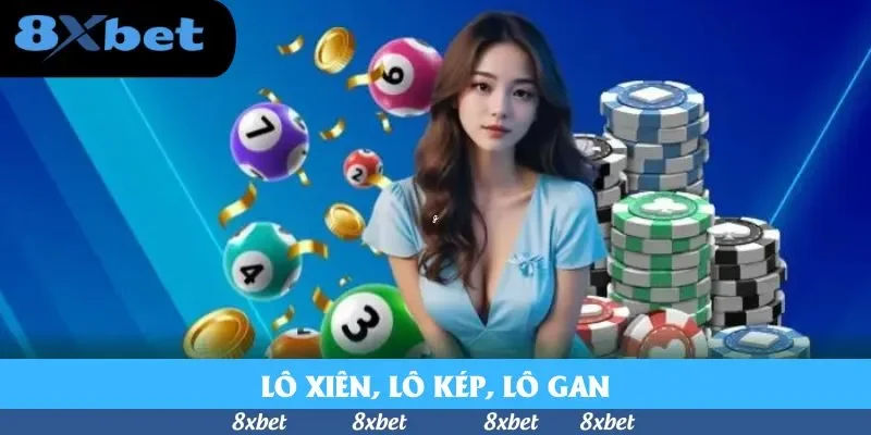 Bóng xổ số nhiều màu mang số 3, 4, 6, 7 cạnh chồng phỉnh, logo 8Xbet và dòng chữ Lô xiên, lô kép, lô gan