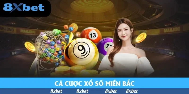 Lồng quay xổ số và các quả bóng số trước khán đài, logo 8Xbet ở góc trái, dòng chữ Cá cược xổ số miền Bắc