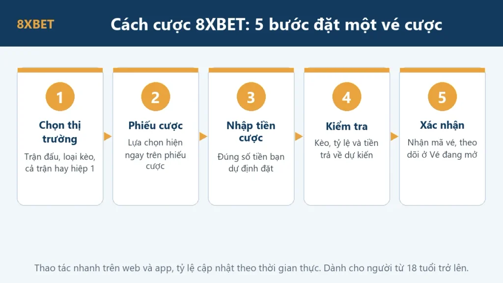 Cách cược 8xbet qua 5 bước: chọn thị trường, phiếu cược, nhập tiền cược, kiểm tra và xác nhận