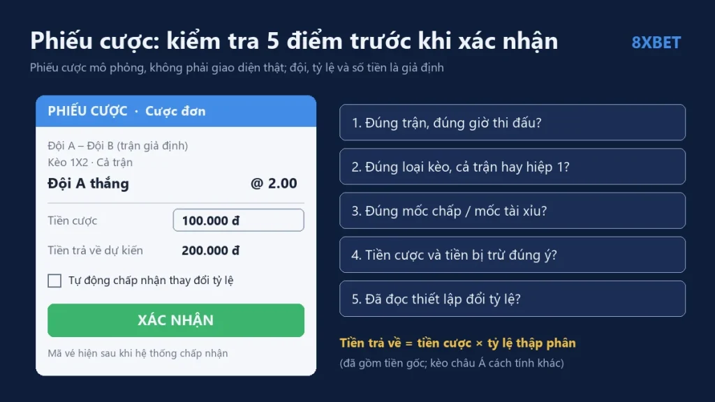 Phiếu cược mô phỏng với tiền cược 100.000 đ, tỷ lệ 2.00, tiền trả về dự kiến 200.000 đ và 5 điểm kiểm tra trước khi xác nhận