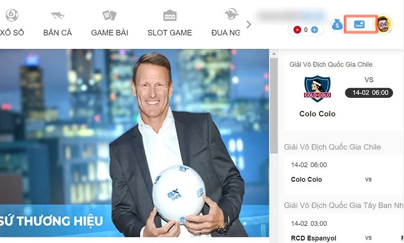 Trang chủ 8xbet sau khi đăng nhập, biểu tượng thẻ nạp tiền ở góc trên bên phải được khoanh đỏ