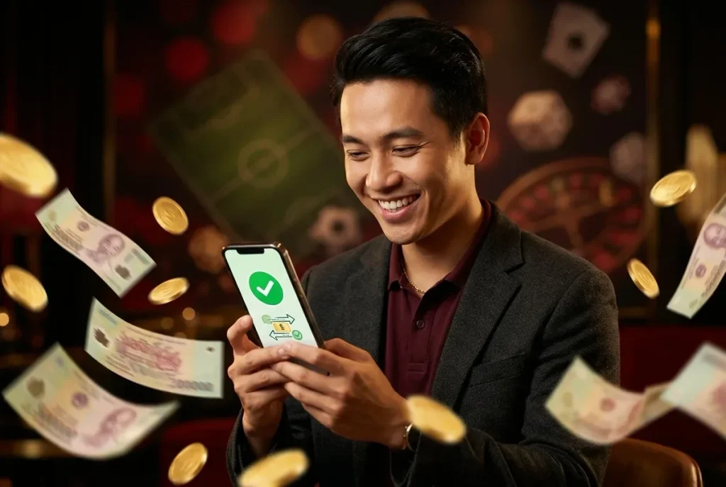 Người đàn ông mỉm cười nhìn điện thoại hiển thị dấu tích xanh xác nhận giao dịch thành công