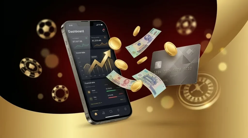 Cách rút tiền 8xbet với giao diện số dư tài khoản, tiền Việt Nam, đồng xu vàng và thẻ ngân hàng minh họa quy trình rút tiền