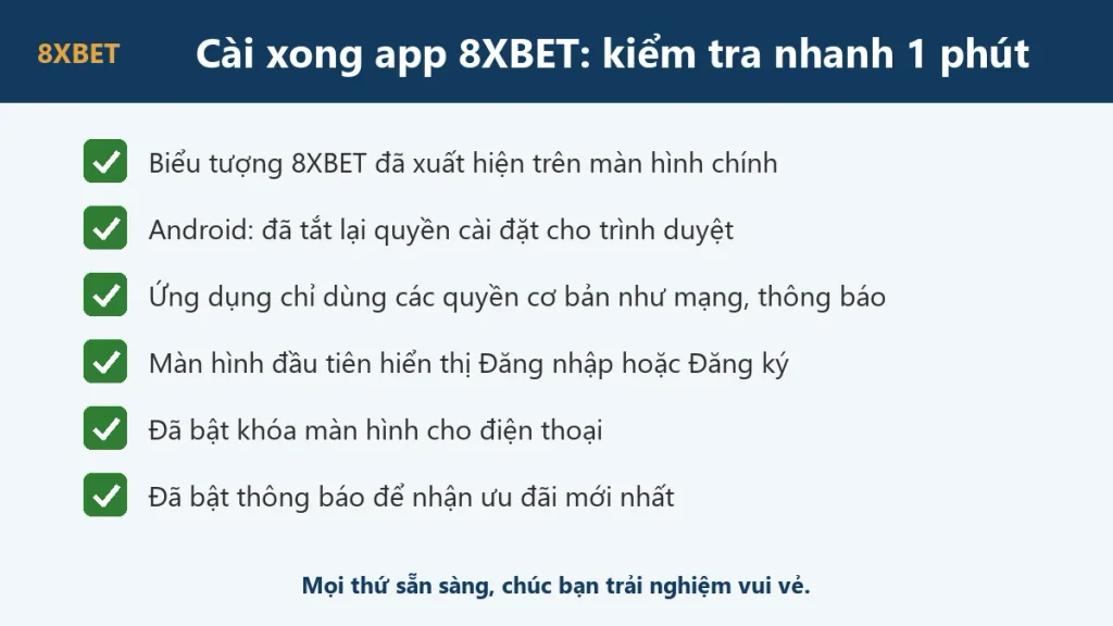 Danh sách 6 mục kiểm tra nhanh sau khi cài app 8xbet, từ biểu tượng trên màn hình chính đến bật thông báo