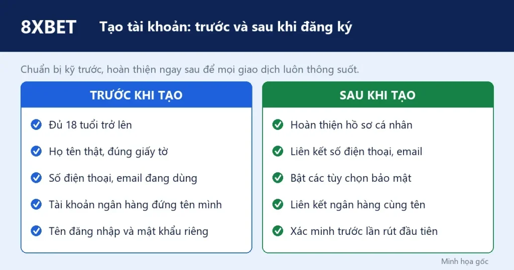Đồ họa hai cột liệt kê việc cần làm trước và sau khi tạo tài khoản 8xbet