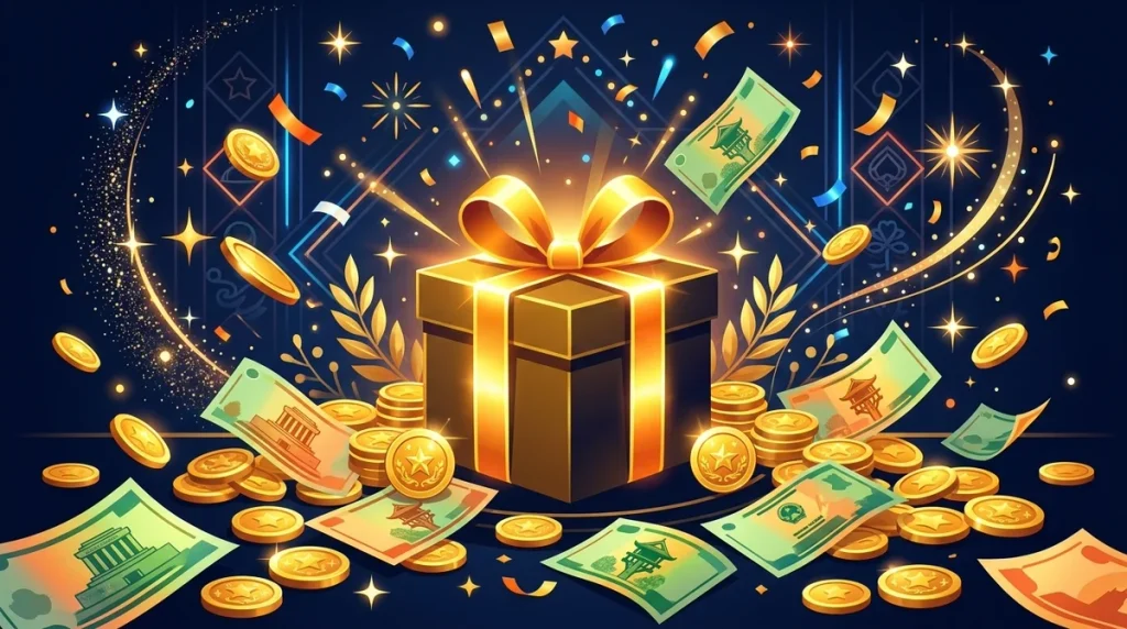 Minh họa hộp quà phát sáng giữa tiền xu và tiền giấy, tượng trưng cho khuyến mãi tại 8xbet