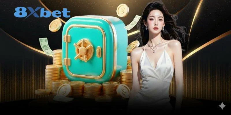 Két sắt màu xanh ngọc giữa các chồng đồng xu vàng, minh họa tài khoản 8xbet được bảo mật khi dùng link mới