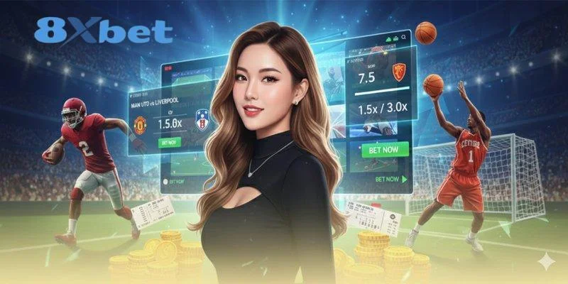 Ảnh minh họa logo 8XBET, người phụ nữ đứng giữa các bảng tỷ lệ cược thể thao và vận động viên trên sân vận động