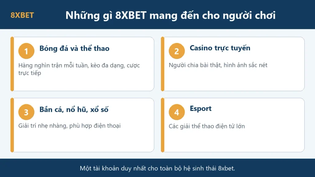 Những gì 8xbet mang đến cho người chơi: bóng đá và thể thao, casino trực tuyến, bắn cá nổ hũ xổ số, esport