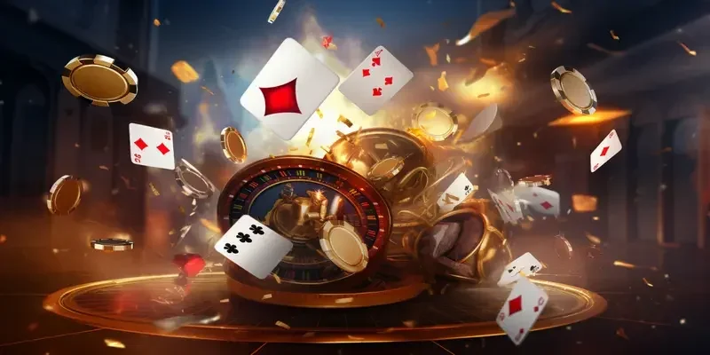 Vòng quay roulette, phỉnh vàng và lá bài bay trong không gian sòng bài, minh họa sảnh casino của 8xbet