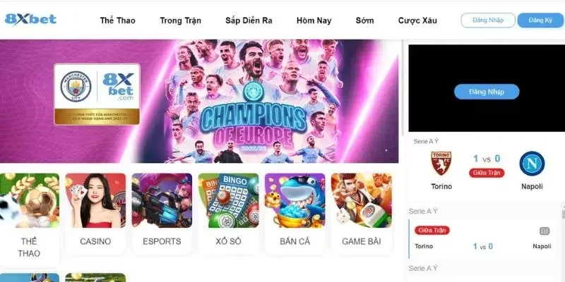Giao diện trang chủ 8xbet với thanh menu, banner sự kiện lớn và các sảnh Thể thao, Casino, Esports, Xổ số, Bắn cá, Game bài